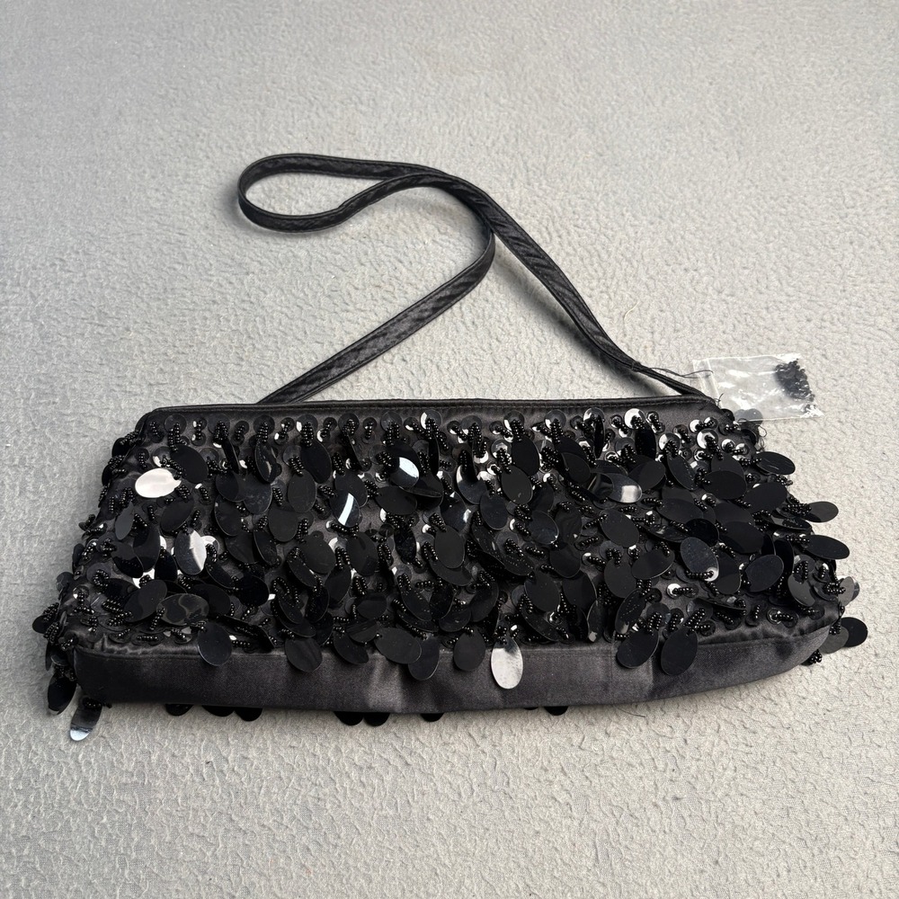 Sasha Black Satin Sequin Beaded Evening Bag Clutch Shoulder Purse Formal Wedding